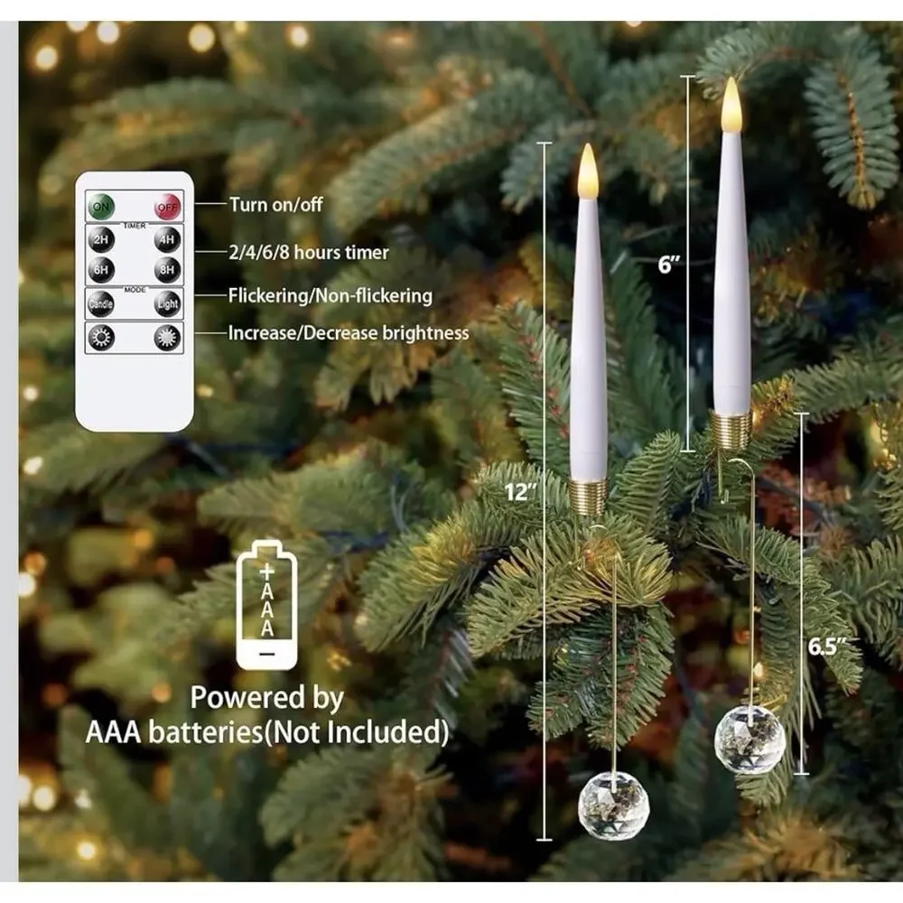 LED Taper Candles with Clear Crystal Ball Hooks Remote Timer White 12pcs New